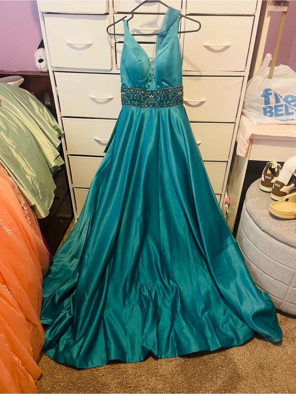 Teal Satin Beaded Waist A-Line Prom Dress